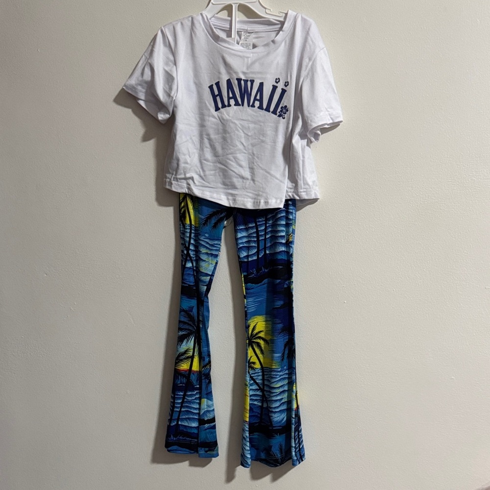 White Hawaii T-Shirt and Blue Tropical Pants Set